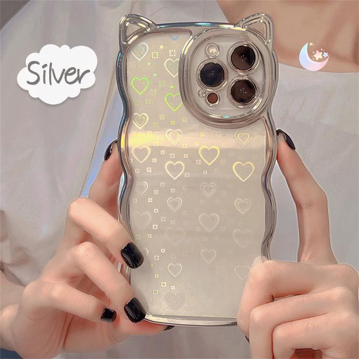iPhone16ケース iPhone15ケース 可愛い ハート クリア 透明 波 猫耳 推し グリーン シルバー iphone ケース iPhone16 iPhone15 iPhone14 iPhone13 Pro Max ケース 春 夏 秋 冬 アイフォン14ケース カメラ保護