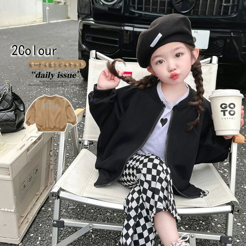 子供服 女の子 キッズ かわいい おしゃれ 春秋 クール 素朴 黒 ラウンドネック ジッパー ジャケット アメリカン ストリート ジャケット
