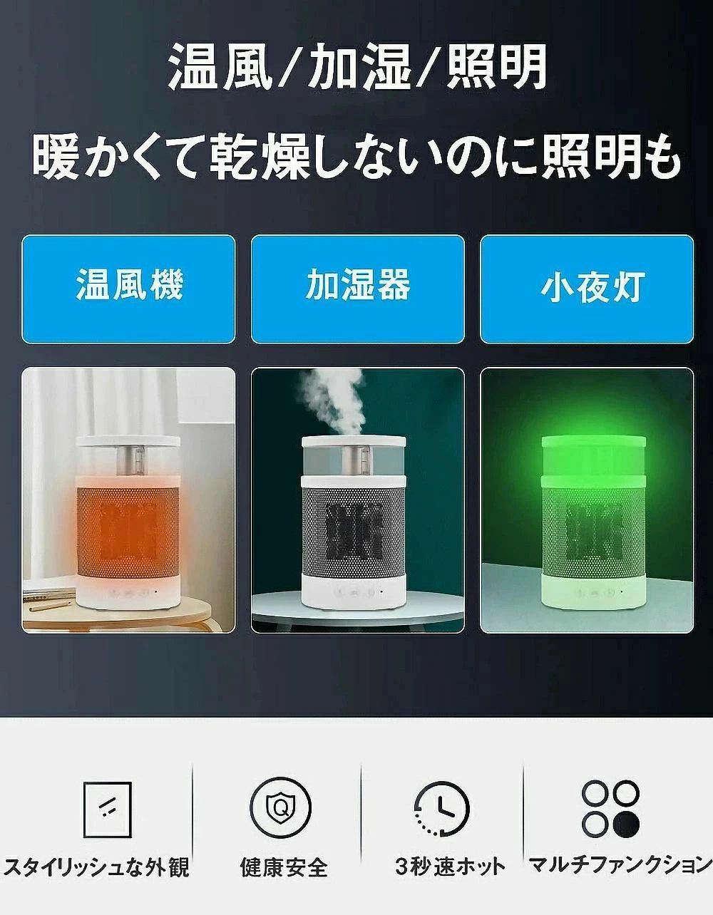 「1台3役」セラミックヒーター 省エネ ヒーター 電気 電気ヒーター 温風機 加湿器 加湿機 ナイトライト 夜の灯 3in1 小型 省スペース ミニ 軽量 速暖 オフィス 暖房 暖房器具 電気暖房 冷え対策 暖かい 手先 指先 足元 送料無料 年末 新生活 電気ファンヒーター