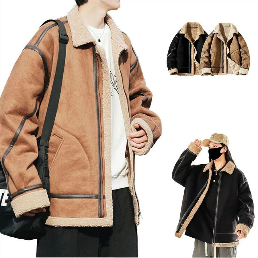 コート冬服スエード綿入れ男性冬の新ゆったり襟開き厚手男女兼用綿入れ毛皮一体機関車外套綿入れ暖かいお洒落ファッションブラックブラウン