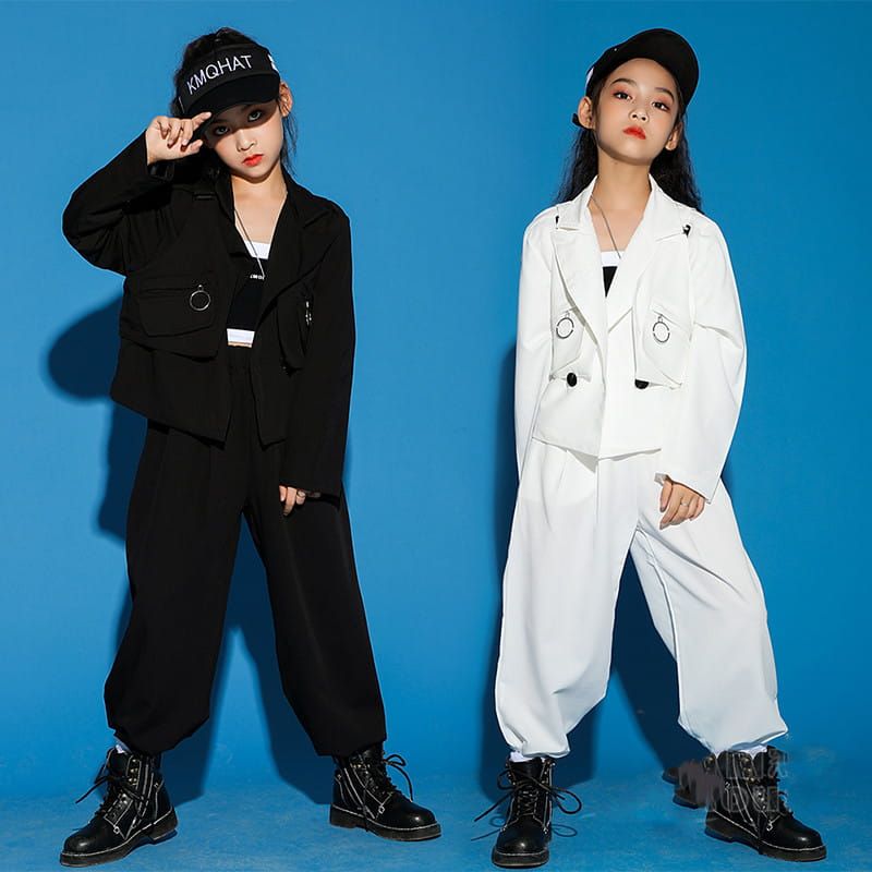 キッズダンス衣装 セットアップ 送料無料 子供服 長袖 ロングパンツ ブラック ホワイト ジャケット スーツ 女の子 演出服 ダンス衣装 ステージ服 舞台衣装 応援団 演出服 大量注文対応 送料無料