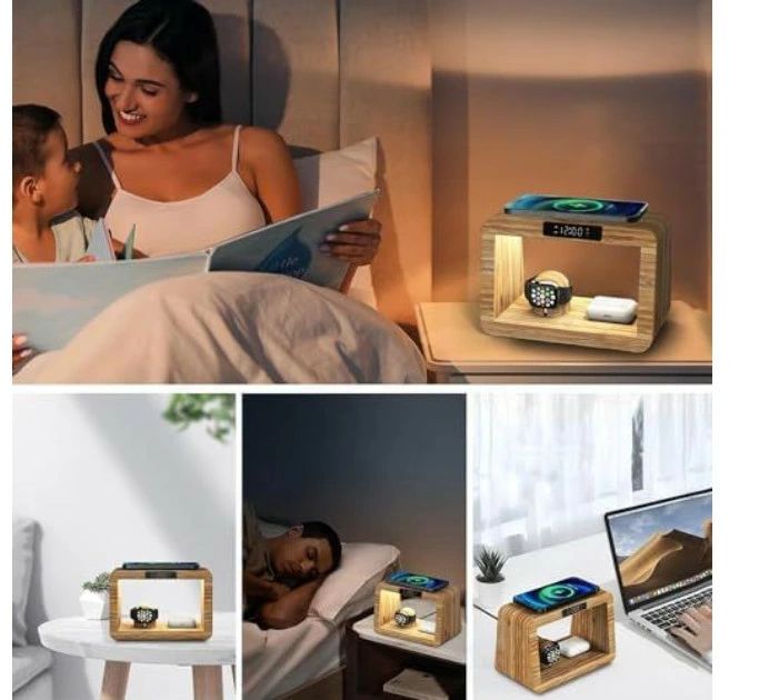 目覚まし時計 光 ワイヤレス 3in1 ワイヤレス充電器 デジタル時計 Iphone Samsung Qi対応 携帯電話 Apple Watch Airpods充電用 竹製スタンド デジタル時計 授乳ライト ベッドサイドランプ 誕生日 記念日 新築祝いプレゼント クリスマスプレゼント