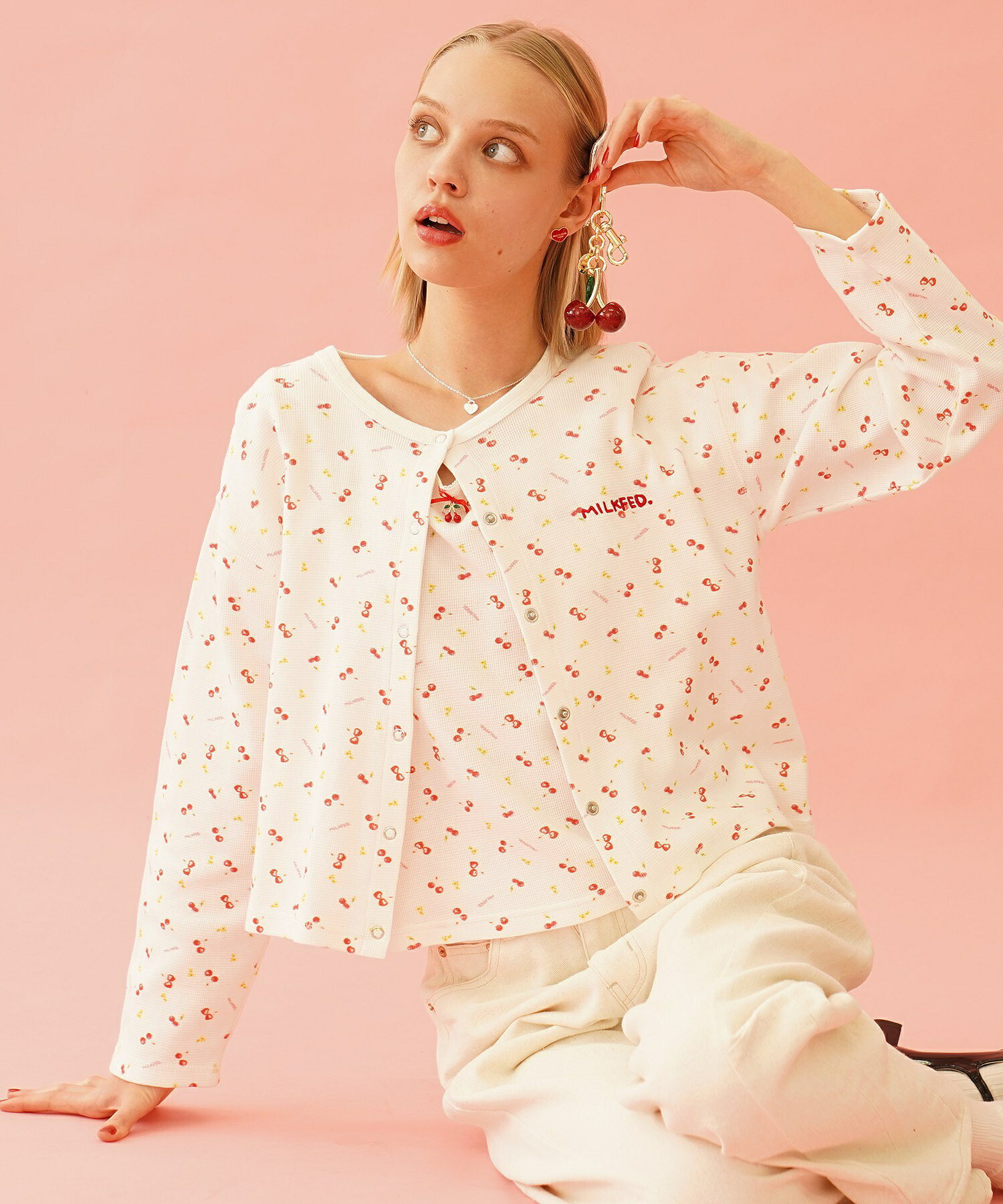 特価【OFF】楽天スーパーSALE【公式】MILKFED. ミルクフェド CHERRY PATTERN WAFFLE CARDIGAN カットソートップス カーディガン