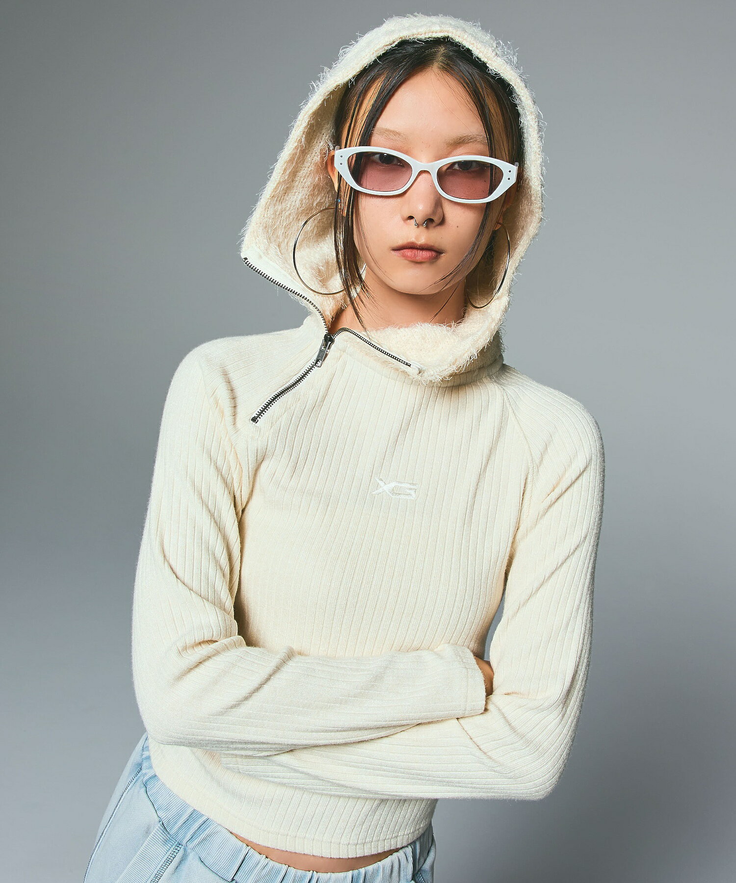 【公式】X-girl エックスガール HAIRY HOODED HALF ZIP TOP パーカー リブトップス ハーフジップ コン..