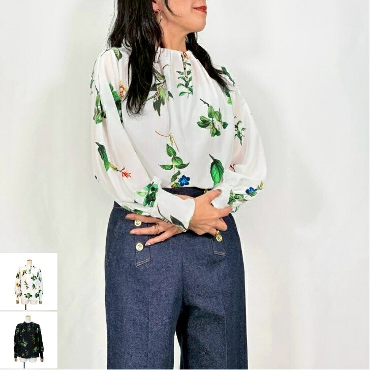 ［17600円→15840円 10%off］PASSIONE パシオーネレディース ブラウス フリル 長袖 秋 冬 春 体型カバー calin カラン ボタニカル 花柄 ハイネック 上品 きれいめ M オフィス カジュアル 白 黒 通勤 お出かけ プルオーバー［616919-094］