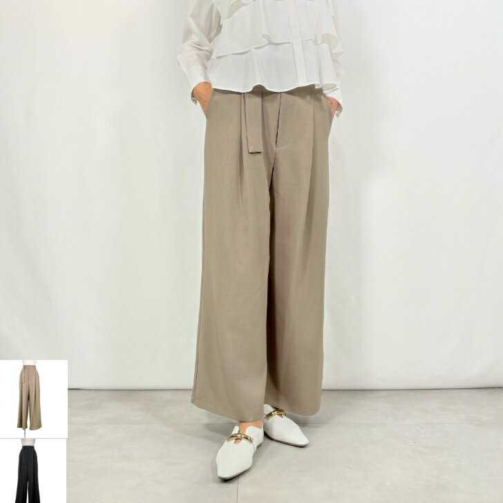 design aera デザインアエラ【オーバーベルトワイドパンツ】ボトムス パンツ ワイドパンツ モカ 黒 春 夏 秋 M calin カラン 大人カジュアル カジュアル シンプル 着回し 体型カバー レディース ベルト付き ウエストゴム シンプル きれいめ 美脚 タックパンツ ［26214-711］