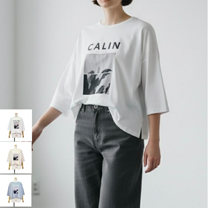 designaeraデザインアエラ【フォト×ロゴトップス】トップス calin カラン Tシャツ レディース 半袖 tシャツ フォトプリント ロゴT ゆったり ドロップショルダー 綿100％ コットン カットソー 春 夏 カジュアル 大人カジュアル 体型カバー 着痩せ 涼しい 全3色 ［26115-711］