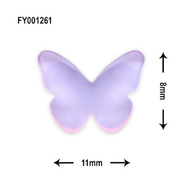 美しい蝶をイメージしたデザインです。 色鮮やかな蝶の輪郭や羽ばたきがとても印象的です。 品番：FY001261 カラー：パープル 内容量：2P サイズ：縦8mm×横11mm 備考：背面カーブなし