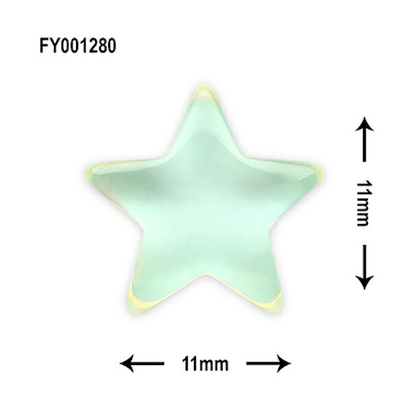 輝く星をイメージしたデザインです。 透明感のあるクリアストーンを使用しているので、 とても華やかな仕上がりになります。 品番：FY001280 カラー：ライトグリーン 内容量：2P サイズ：縦11mm×横11mm 備考：背面カーブなし