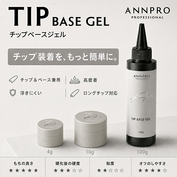 ANNPRO アンプロフェッショナル チップベースジェル TIP BASE GEL 4g 10g 100g 【内容量】4g / 10g / 100g 【特徴】 チップ装着用のベースジェルがリニューアルしてANNPROから登場。 流れにくいテクスチャーで、チップの位置調整や装着もスムーズ。 セルフネイルからサロンワークまで、快適にご使用いただけます。 チップ装着用としてだけでなく、通常のベースジェルとしてもご使用可能です。 硬化時間：LED30秒・UV60秒 硬化波長：385-415nm 推奨W数：36W（LED） 撹拌：不要 ※化粧品登録済みANNPRO アンプロフェッショナル チップベースジェル TIP BASE GEL 4g 10g 100g