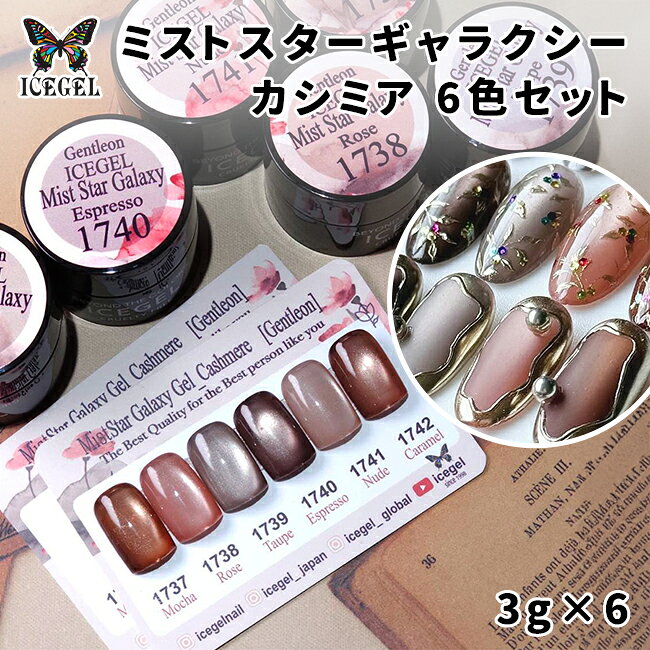 ICE GEL GENTLEON アイスジェル ジェントル ミストスターギャラクシージェル カシミヤ 6色セット 3g TPOフリー HEMAフリー【ジェルネイル マグネットネイル マグネットジェル セルフネイル ネイル 微粒子 ブラウン ベージュ ピンクベージュ】(4.0)