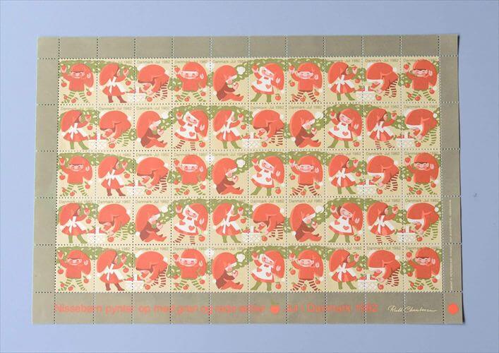 【送料無料】デッドストック デンマーク 1982年 かわいいクリスマスシール 1シート 50枚 切手 北欧ヴィンテージ アンティーク_251201
