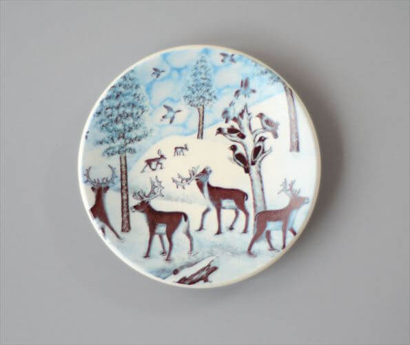 【送料無料】フィンランド製 Arabia 小さな陶板 1982年 ラップランドの冬景色 トナカイと鳥 ...