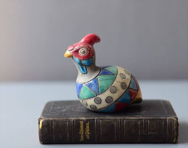 【送料無料】南アフリカの楽焼 カラフルなホロホロ鳥 Raku pottery Guinea Fowl 陶器 オブジェ フィギュア アンティーク_260123