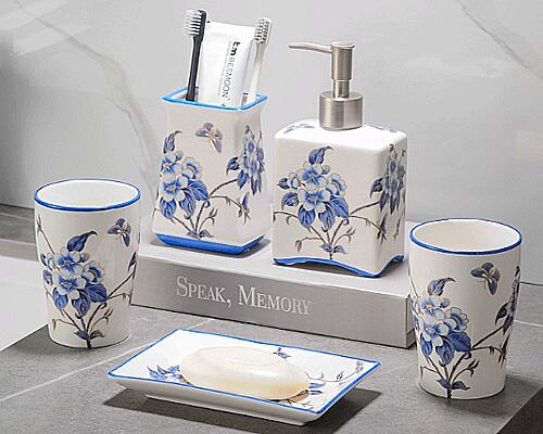 ソープディスペンサー 陶器 ハンドソープディスペンサー 北欧 ソープディッシュ おしゃれ ソープディッシュ .サニタリー 洗面用具 5点セット 歯ブラシスタンド...