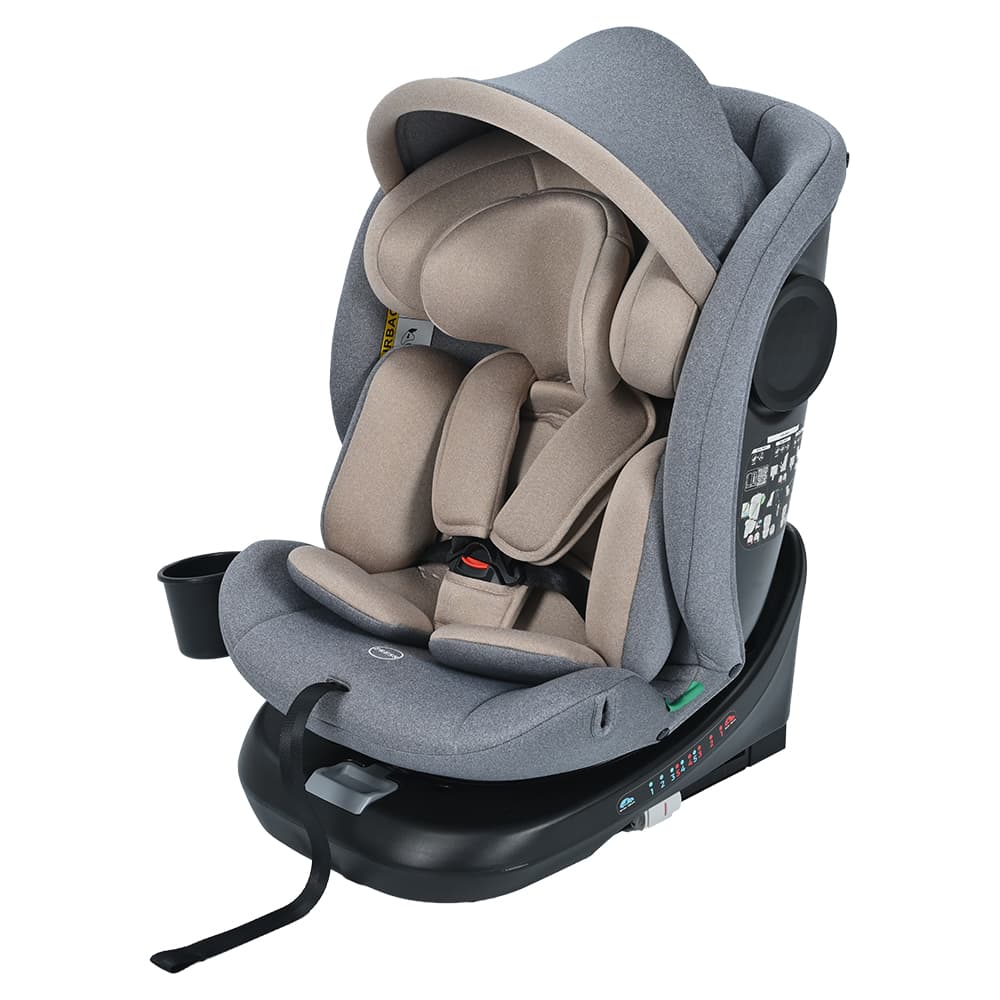 チャイルドシート 新生児 ISOFIX 0歳~12歳 360度回転式 40~150cm ジュニアシート 調節可能 洗える キャノピー付き ベビーシート ドリンクホルダー付き 出産祝い 車【グレー+カーキ】