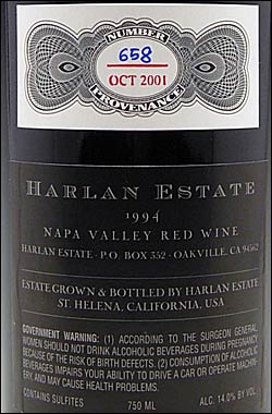 【ハーランエステイト】 プロヴィナンス ナパヴァレー [1994] ◆代引き不可◆ Harlan Estate PROVENANCE Proprietary Red Wine Oakville, Napa Valley 750ml (並行品ハーランエステイト ボトルナンバー658) [赤ワイン カリフォルニアワイン ナパバレー カルトワイン]