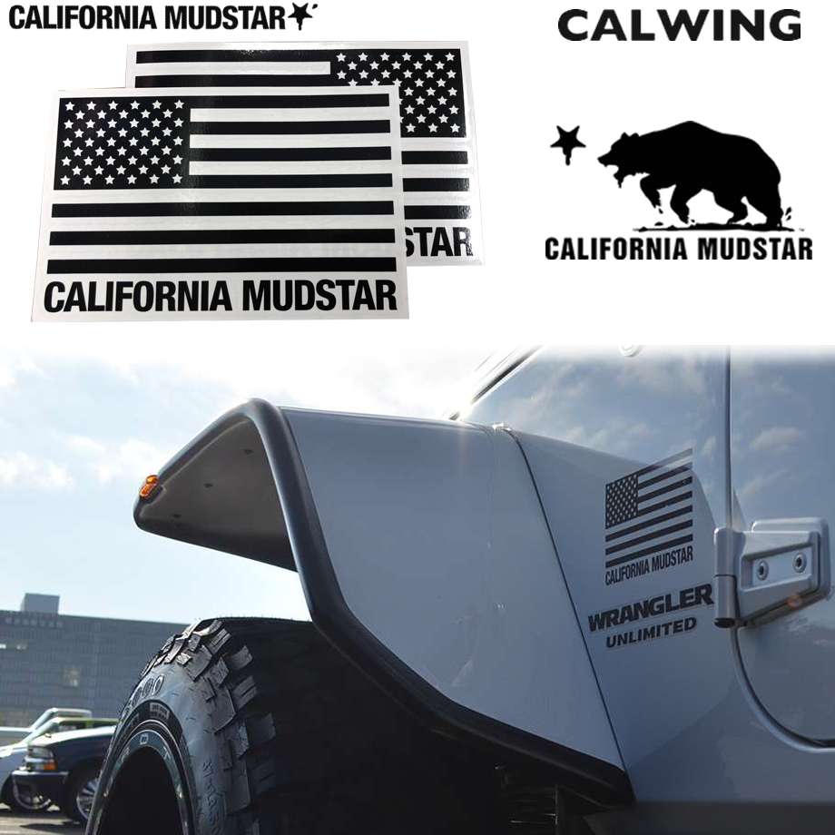 【カリフォルニアマッドスター/CALIFORNIA MUDSTAR★】USフラッグ ステッカー 175x110- 2枚入り デカール カーステッカー グロスブラック FROM USA