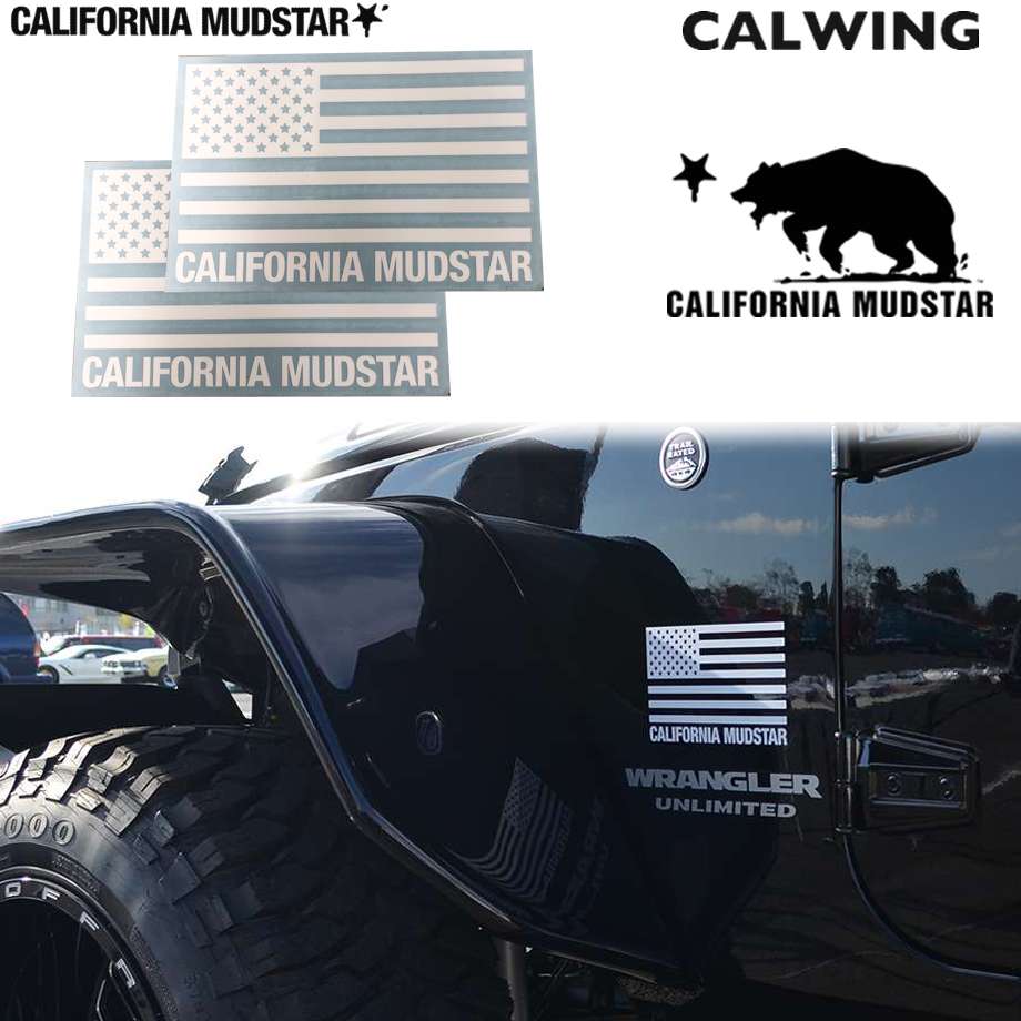 【カリフォルニアマッドスター/CALIFORNIA MUDSTAR★】USフラッグ ステッカー 175x110- 2枚入り デカール カーステッカー ホワイト FROM USA