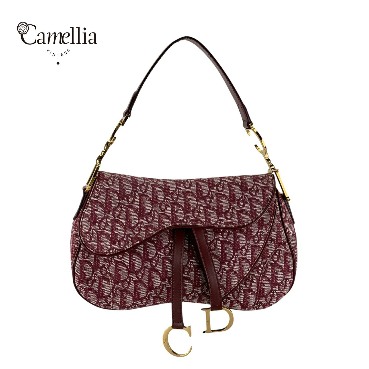 【中古】 Christian Dior クリスチャンディオール レッド オブリーク ダブルCDゴールド金具 サドルバッグ