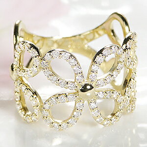 K18YG【0.77ct】 ダイヤモンド フラワーモチーフ リング【無色透明】【H-SIクラス】【送料無料】【刻印無料】指輪 花 ダイヤモンドリング ダイヤリング ダイアリング イエローゴールド ゴールド リング 18K 四葉 フラワー クローバー オープンフラワーシリーズ 品質保証書