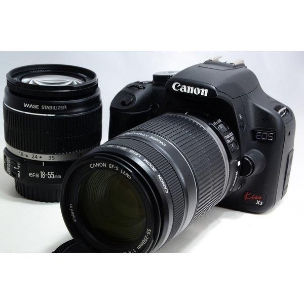 【6/1限定!全品P3倍】【中古】キヤノン Canon EOS Kiss X3 標準&望遠ダブルレンズセット ブラック 美品 SDカードストラップ付き