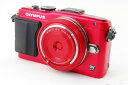 【中古】オリンパス OLYMPUS Pen Lite E-PL6 レッド コンパクトレンズセット 美品 自分撮り SDカード外付けフラッシュ 取扱説明書 ストラップ付き