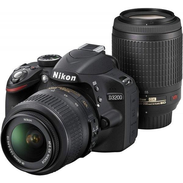 【中古】ニコン Nikon D3200 200mmダブルズームキット ブラック SDカード付き