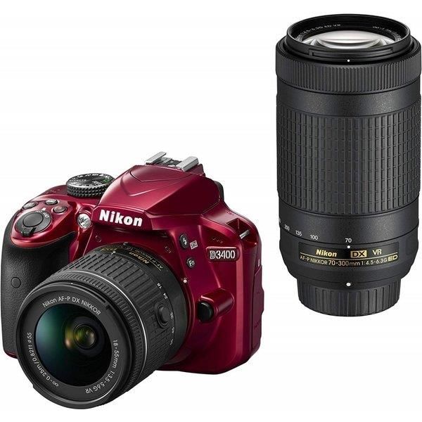 【5/9~5/16限定 最大4,000円OFF 5/10, 5/15限定で最大P3倍】【中古】ニコン Nikon D3400 ダブルズームキット レッド D3400WZRD SDカード付き