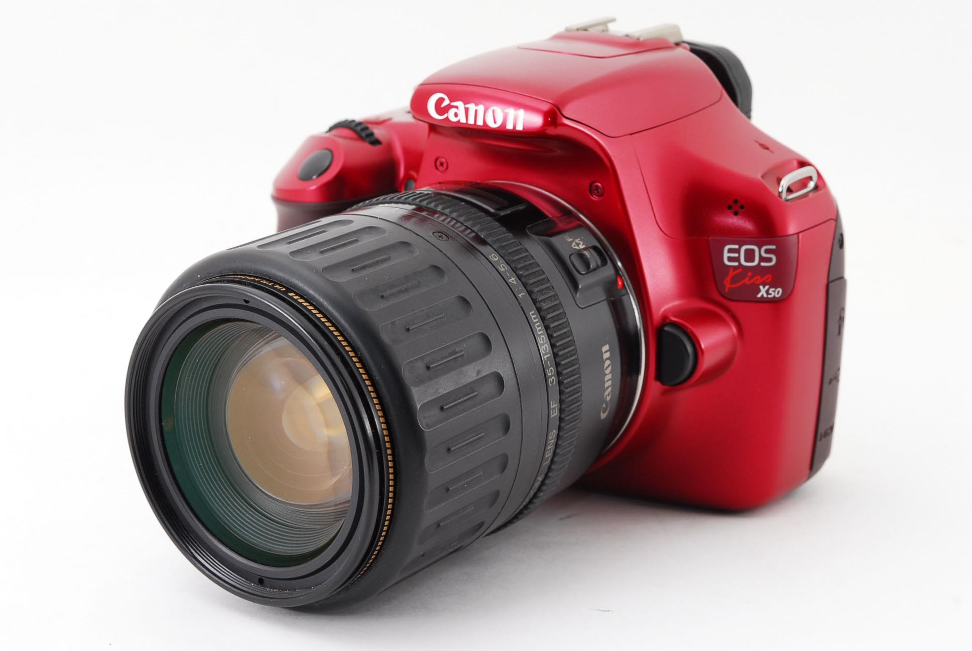 【中古】キヤノン Canon EOS Kiss X50 レッド 高倍率ズームレンズセット 美品 ストラップ付き