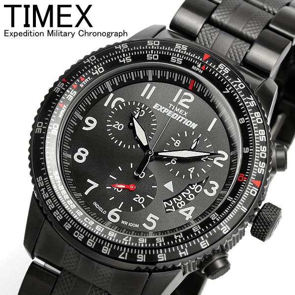 【TIMEX】【タイメックス】【送料無料】 エクスペディション クロノグラフ 100M防水 黒メタル 腕時計 メンズ センタークロノ EXPEDITION ミリタリー T49825 うでどけい MEN'S ウォッチ