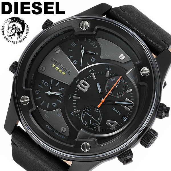 腕時計 ディーゼル（メンズ） 【DIESEL】 ディーゼル 腕時計 メンズ トリプルタイム クロノグラフ ビッグフェイス クオーツ 10気圧防水 レザー ボルトダウン BOLTDOWN DZ7425