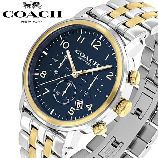 コーチ 腕時計（メンズ） COACH コーチ ハリソン 腕時計 メンズ クロノグラフ ウォッチ 42mm クオーツ カレンダー ブルー シルバー ゴールド コンビベルト ギフト プレゼント 14602536