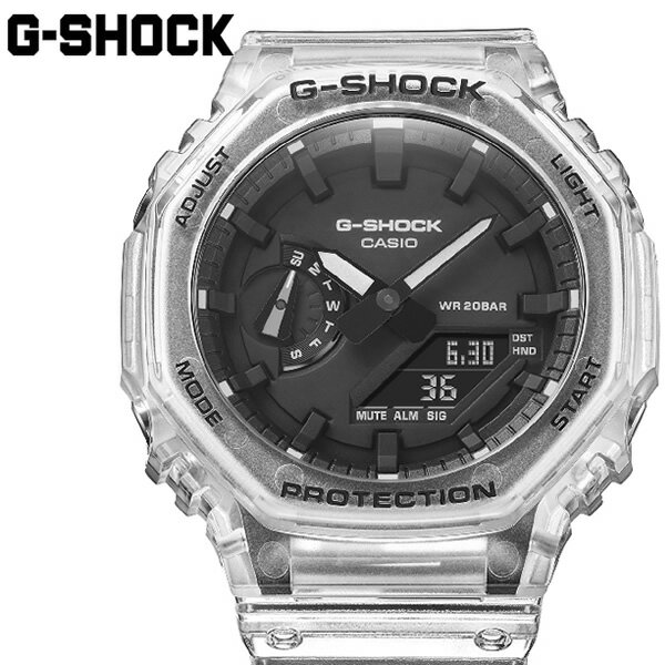 G-SHOCK Gショック ジーショック 腕時計 メンズ 八角形 カシオーク CASIO カシオ ウォッチ 人気 カーボンコアガード アナデジ ブラック スケルトン GA-2100SKE-7A 海外モデル 1983年の発売以来、究極の強さを求めて進化を続けるタフネスウォッチG-SHOCKから、 初代モデル“DW-5000C”のコンセプトを受け継ぎ、更なる薄型化を果たした デジタル・アナログコンビネーションモデルが登場。 初代モデル“DW-5000C”にも採用された“八角形フォルム”を継承。 タフな構造はそのままに無駄を省いたシンプルなデザインのコンビネーションモデルを開発しました。 さらにケース素材には、高剛性を発揮するカーボン繊維入りファインレジンを使用し、薄型化を実現しました。 デザイン、フォルム、サイズに徹底的にこだわった、G-SHOCKの次世代スタンダードを担うモデルです。 国内モデル品番：GA-2100SKE-7AJF 【サイズ】 ケース： （約）48.5×45.4×11.8mm 重量：（約）51g 【仕様】 耐衝撃構造（ショックレジスト） 無機ガラス ネオブライト 20気圧防水 ケースベゼル材質： カーボン／樹脂 樹脂バンド 針退避機能 ワールドタイム：世界48都市（31タイムゾーン、サマータイム設定機能付き） ストップウオッチ タイマー（セット単位：1秒、最大セット：24時間、1秒単位で計測） 時刻アラーム5本 時報 フルオートカレンダー 12/24時間制表示切替 操作音ON/OFF切替機能 ダブルLEDライト：文字板用LEDライト LCD部用LEDバックライト 精度：平均月差±15秒 LED：ホワイトG-SHOCK Gショック ジーショック 腕時計 メンズ 八角形 カシオーク CASIO カシオ ウォッチ 人気 カーボンコアガード アナデジ ブラック スケルトン GA-2100SKE-7A 海外モデル 1983年の発売以来、究極の強さを求めて進化を続けるタフネスウォッチG-SHOCKから、初代モデル“DW-5000C”のコンセプトを受け継ぎ、更なる薄型化を果たしたデジタル・アナログコンビネーションモデルが登場。初代モデル“DW-5000C”にも採用された“八角形フォルム”を継承。タフな構造はそのままに無駄を省いたシンプルなデザインのコンビネーションモデルを開発しました。さらにケース素材には、高剛性を発揮するカーボン繊維入りファインレジンを使用し、薄型化を実現しました。デザイン、フォルム、サイズに徹底的にこだわった、G-SHOCKの次世代スタンダードを担うモデルです。 国内モデル品番：GA-2100SKE-7AJF【サイズ】 ケース： （約）48.5×45.4×11.8mm 重量：（約）51g 【仕様】 耐衝撃構造（ショックレジスト） 無機ガラス ネオブライト 20気圧防水 ケースベゼル材質： カーボン／樹脂 樹脂バンド 針退避機能 ワールドタイム：世界48都市（31タイムゾーン、サマータイム設定機能付き） ストップウオッチ タイマー（セット単位：1秒、最大セット：24時間、1秒単位で計測） 時刻アラーム5本 時報 フルオートカレンダー 12/24時間制表示切替 操作音ON/OFF切替機能 ダブルLEDライト：文字板用LEDライト LCD部用LEDバックライト 精度：平均月差±15秒 LED：ホワイト