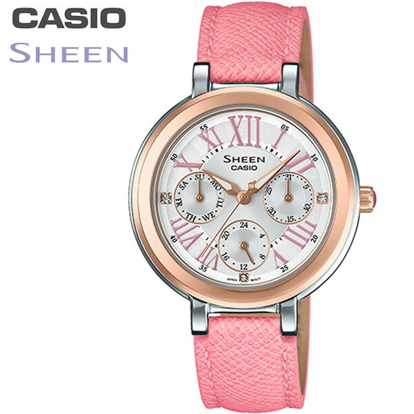 【楽天スーパーSALE】CASIO カシオ レディース 腕時計 カレンダー レザー スワロフスキー ピンク she-3034bgl-7a