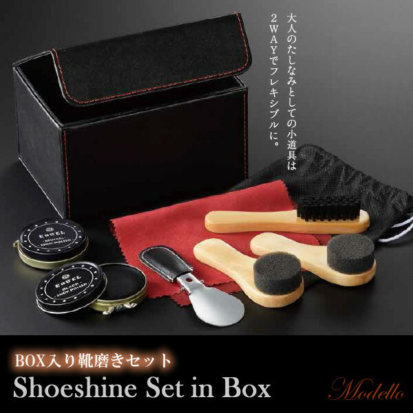 Modello シューシャインセット 靴磨きセット ボックス入り シューケア 靴クリーム ブラシ スポンジ 靴ベラ 不織布 ギフトセット