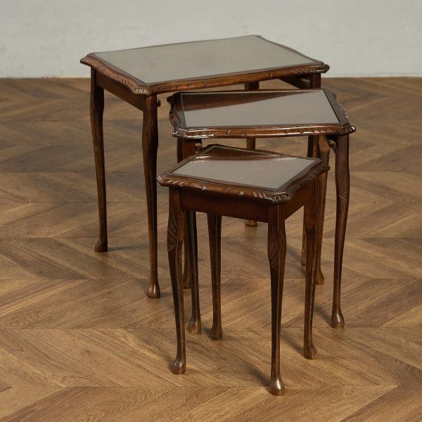 英国 クラシック ガラストップ ネストテーブル IZ94381E★ ブナ 猫脚 カブリオール サイドテーブル ロー..