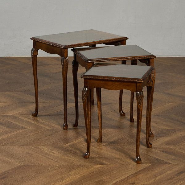 英国 クラシック ガラストップ ネストテーブル IZ97161C★ ブナ 猫脚 カブリオール サイドテーブル ロー..