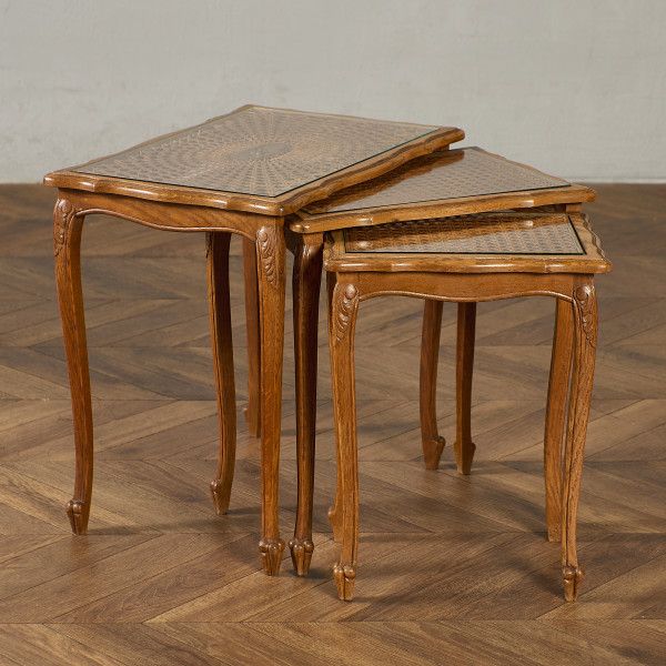 テーブル イギリス オーク 英国 クラシック ガラストップ ラタン ネストテーブル ガラス ネスト ブナ 籐張り センター アンティーク スタイル リビング 木製 #97584