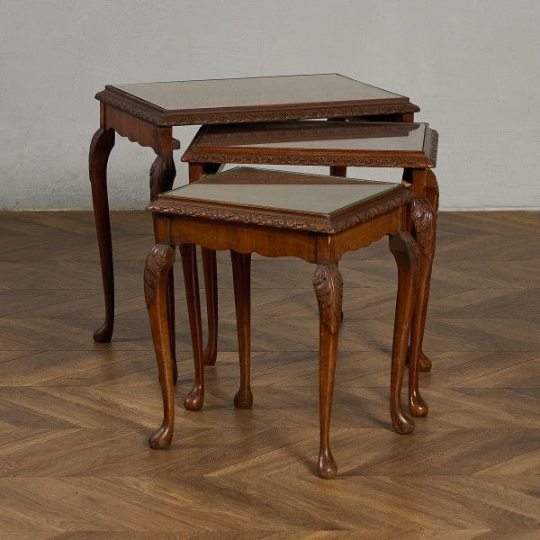 英国 クラシック ガラストップ ネストテーブル IZ97961C★ ブナ 猫脚 カブリオール サイドテーブル ロー..