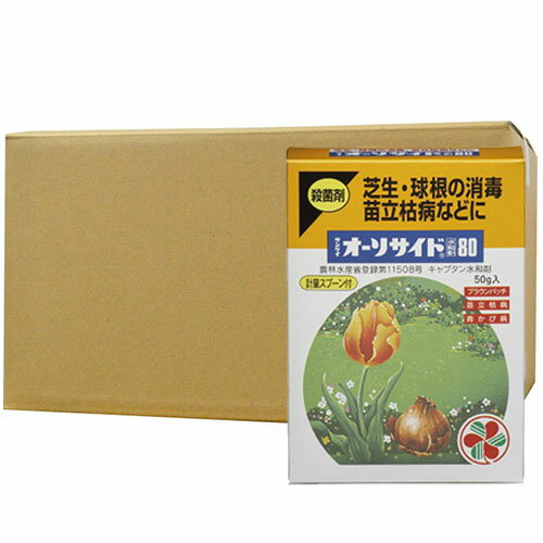 商品名 サンケイオーソサイド水和剤80 内容量 50g×10個 有効成分 キャプタン 性　状 類白色水和性粉末45μm以下 剤　型 水和剤 保証票の種類 農林水産省登録第11508号 販売元 住友化学園芸株式会社 ●商品特長 ◆かび類（糸状菌）によって起こる広範囲の病気に優れた効果を発揮する保護殺菌剤です。 ◆日本芝・西洋芝に発生する各種の病気に有効です。 ◆球根や種子の消毒、苗立枯病などの土壌病害にも効果があります。 ◆花や庭木、野菜類などの広範囲の病気にも優れた効果を発揮し、植物への薬害が少ない殺菌剤です。 ●使用方法 水でうすめて散布 ●適用病害と使用方法 ※印は本剤及びその有効成分を含む農薬の総使用回数の制限を示します。 ◆散布剤として使用する場合 ◆土壌病害に使用する場合 ※使用液量の単位の読み方：「&#8467;／10a」=「&#13206;／&#13217;」（例　100〜300&#8467;／10a＝100〜300&#13206;／&#13217;） 2018年5月30日付：パイナップルの変更 2018年7月3日付：小麦の追加、りんご、おうとう、ぶどうの変更 2019年1月16日付：小麦の変更 ●効果・薬害等の注意 ◆石灰硫黄合剤、ボルドー液等のアルカリ性薬剤及びマシン油剤との混用はさけてください。 ◆チューリップに使用する場合は、球根の土をよく落とし、15分間位浸漬してください。 ◆いちごに対する高温時の散布は、薬害を生ずるおそれがありますので、夏期の防除は高温時をさけて、朝夕などの涼しい時に散布してください。 ◆パイナップルの根腐萎ちょう病防除に使用する場合は、植付後1ヵ月以内及びその後発生をみたら直ちに、散布液が株元の土壌にも浸透するようにY散布してください。 ◆マンゴーに使用する場合、着色期以降の散布では果実に汚れを生じるおそれがありますので十分注意してください。 ◆ももの縮葉病防除に使用する場合は、発芽後の若葉には薬害のおそれがありますので、必ず発芽前に散布してください。 ◆ぶどうに使用する場合、幼果期〜袋掛けまでの散布は、果粉の溶脱や果実の汚染を生じることがありますので十分注意してください。 ◆おうとうに使用する場合、5月下旬以降の散布には、固着性の強い展着剤を加用しないでください。 ◆うめに対する高温時の散布は、薬害を生ずるおそれがありますので、5月下旬以降の防除は高温時をさけて散布してください。 ◆りんごの斑点落葉病に対して、後期の多発時では効果が劣ることがありますので、初期の防除を主体としてください。黒点病、黒星病などとの同時防除に使用するのが有効です。 ◆ブルーベリーに使用する場合、果実肥大期以降の散布では果実に汚れを生じるおそれがありますので十分注意してください。 ◆コケ類に対して使用する場合は、散布時期を逸しないよう発生初期に本剤を散布し、十分な効果が得られない場合には、14日前後の間隔で反復処理を行ってください。 ◆本剤を使用したつまみ菜、間引き菜等の幼植物は食用に供さないでください。 ◆本剤で処理した種しょうがは食料や動物飼料として用いないでください。また、収穫時には新しょうがと処理した種しょうがを分別し、種しょうがは食料や動物飼料として用いないでください。 ◆適用作物群に属する作物またはその新品種に本剤をはじめて使用する場合は、使用者の責任において事前に薬害の有無を十分確認してから使用してください。なお、病害虫防除所または販売店等と相談することが望ましいです。 ●使用上の注意 ◆使用残りの薬液が生じないように調製を行い、使いきってください。 ◆誤飲誤食などのないように注意してください。 ◆本剤は眼に対して強い刺激性がありますので、眼に入らないよう注意してください。眼に入った場合には直ちに十分に水洗し、眼科医の手当を受けてください。 ◆薬液調製時及び使用の際は保護メガネ、農薬用マスク、不浸透性手袋、不浸透性防除衣などを着用するとともに保護クリームを使用してください。作業後は直ちに身体を洗い流し、洗眼・うがいをするとともに衣服を交換してください。 ◆作業時に着用していた衣服等は他のものとは分けて洗濯してください。 ◆かぶれやすい体質の人は作業に従事しないようにし、施用した作物との接触をさけてください。 ◆夏期高温時での使用をさけてください。 ◆公園等で使用する場合は、散布中及び散布後(少なくとも散布当日)に小児や散布に関係のない者が散布区域に立ち入らないよう縄囲いや立て札を立てるなど配慮し、人畜等に被害を及ぼさないよう注意を払ってください。 ◆散布器具及び容器の洗浄水は、河川等に流さないでください。また、空袋等は水産動植物に影響を与えないよう適切に処理してください。 ●魚など環境に対する注意 ◆水産動植物(魚類)に強い影響を及ぼすおそれがありますので、河川、湖沼及び海域等に飛散、流入しないよう注意して使用してください。養殖池周辺での使用はさけてください。 ◆蚕に対して毒性がありますので、周辺の桑葉にはかからないようにしてください。 ※パッケージは予告なく変更されることがあります。 関連商品住友化学園芸 GFベンレート水和剤 (0.5g×10)×10個...住友化学園芸 カリグリーン 1.2g×10袋×10個 観葉 野菜 果樹...住友化学園芸 STサプロール乳剤 100ml×3本 ［殺菌剤］...5,291円5,520円5,073円