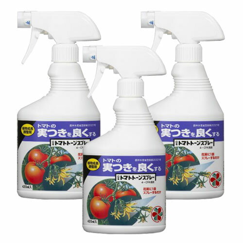 商品名 日産トマトトーンスプレー 内容量 420ml×3本 成　分 4-CPA 保証票の種類 農林水産省登録第20321号 性　状 無色透明液体 剤　形 スプレー剤 販売元 住友化学園芸株式会社 ●商品特長 ◆トマトの花に散布することで実つきを良くし、果実を肥大させ、更に熟期を促進する効果があります。 ◆スプレー剤なので、希釈する手間がいらずに、手軽に使えます。 ●使用目的 ◆着果増進、果実の肥大促進、熟期の促進 ●使用目的と使用方法 ※印は本剤及びその有効成分を含む農薬の総使用回数の制限を示します。 ●効果・薬害等の注意 ◆同じ花房に何度も噴霧しないでください（薬害）。 ◆頂芽や幼葉にかかると葉が萎縮したようになりますので、なるべく花又は花房にのみ噴霧してください。花房付近の茎や葉にかかるのはさしつかえありません。 ◆かけて2〜3日すると果梗が太くなり幼果のつやが増し、非常に発育が早くなるので効果の有無はすぐわかります。 ◆適用作物以外の作物にかからないようにしてください。 ◆対象作物以外の一般作物にも、ごく微量でホルモン作用をあらわしますので、飛散しないように使用時期、使用方法などを誤らないように注意してください。特に初めて使用する場合は、病害虫防除所または販売店と相談することが望ましいです。 ●安全使用上の注意 ◆体調のすぐれない時は散布しないでください。 ◆人に向かって噴射しないでください。 ◆眼に入らないように注意してください。眼に入った場合は直ちに水洗し、眼科医の手当を受けてください（刺激性）。 ◆散布時は、農薬用マスクなどを着用してください。作業後はうがいをしてください。 ◆使用後の空容器は3回以上洗浄してから処理してください。 ※使用に際しては必ず商品の説明をよく読んで、記載内容に従ってお使いください。 ※パッケージは予告なく変更されることがあります。 関連商品住友化学園芸 STジベラ錠5 5錠入×3個 ［植物成長調整剤］...住友化学園芸 日産トマトトーン 30ml×5本 ［植物成長調整剤］...住友化学園芸 STジベラ錠5 5錠入×2個 ［植物成長調整剤］...2,376円2,030円1,584円住友化学園芸 日産トマトトーン 30ml×3本 ［植物成長調整剤］...住友化学園芸 日産トマトトーンスプレー 420ml×5本 植物成長調整...住友化学園芸 日産トマトトーンスプレー 420ml 植物成長調整剤...1,274円3,878円788円住友化学園芸 STジベラ錠5 5錠入×5個 ［植物成長調整剤］...住友化学園芸 日産トマトトーン 30ml×2本 ［植物成長調整剤］...住友化学園芸 STジベラ錠5 5錠入 植物成長調整剤 【ゆうパケット対...3,980円849円746円住友化学園芸 日産トマトトーン 30ml×10本 植物成長調整剤...住友化学園芸 日産トマトトーンスプレー 420ml×10本 植物成長調...住友化学園芸 日産トマトトーン 30ml 植物成長調整剤 農薬...3,861円7,696円373円