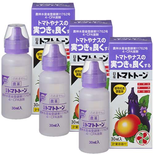 商品名 日産トマトトーン 内容量 30ml×3本 成　分 4-CPA 保証票の種類 農林水産省登録第11762号 性　状 無色透明液体 剤　形 液剤 販売元 住友化学園芸株式会社 ●商品特長 ◆トマトやなすの花に散布することで、実の着きを良くする植物成長調整剤です。 ◆着果促進にすぐれた効果があり、実が着きにくくなる低温時や日照不足の際の着果も安定させます。 ◆果実の肥大および熟期を促進する効果もありますので、品質の向上と収量増加が期待できます。 ●使用方法 ◆水でうすめて散布 ●適用作物と使用方法 ※印は本剤及びその有効成分を含む農薬の総使用回数の制限を示します。 ・2007年2月25日付：注意事項の追加 ・2007年5月9日付：ズッキーニ追加 ・2010年4月7日付：かぼちゃの削除 ［上手な使い方］ (1)霧吹きやハンドスプレー等の小型の噴霧器を使用してください。 (2)トマトでは3〜5花程度開花した花房に、新芽や幼葉に散布液がかからないように手で軽くつまむようにして花房全体に散布してください。 (3)なすでは開花した当日に、花全体に散布してください。 ●効果・薬害等の注意 ◆必ず記載の希釈倍率に従って水に溶かして使用してください。同じ花房に重複散布したり、所定濃度以上の濃い液の散布は薬害を生ずるおそれがあるのでさけてください。 ◆頂芽や幼葉にかかると、その部分が萎縮したようになるので、なるべく花房（花）にのみかかるように噴霧してください。 ◆メロンの花に噴霧を行う場合、子房だけに噴霧する時は、使用時期にかかわらず人工授粉を併用してください。また、低温時（20℃以下）には希釈倍率を低くし、高濃度で使用してください。 ◆ズッキーニに使用する場合、生育初期の雄花が少ない時期は結実が不安定であり、十分な効果が期待できないので使用しないでください。 ◆使い残りの希釈液は4週間程度の保存はできますが、なるべく早く使用してください。 ◆効果の有無は、散布後2〜3日すると果梗が太くなり幼果のつやが増し、非常に発育が早くなるのでわかります。 ◆使用に際しては、本剤は植物ホルモン剤であるので、使用時期、使用量、使用方法などを誤らないように注意し、とくに初めて使用する場合は病害虫防除所または販売店等と相談することが望ましいです。 ◆適用作物以外の作物に薬液がかからないように注意してください。 ◆他の農薬との混用は行わないでください。 ◆本剤散布に使用する容器、噴霧器等の用具は使用の前後に良く水洗してください。 ●安全使用上の注意 ◆薬剤が眼などに入らないよう眼や体から離して取り扱ってください。 ◆本剤は眼に対して刺激性がありますので眼に入らないように注意してください。眼に入った場合には直ちに水洗し、眼科医の手当を受けてください。 ◆散布の際は農薬用マスクなどを着用してください。作業後は洗眼・うがいをしてください。 ※使用に際しては必ず商品の説明をよく読んで、記載内容に従ってお使いください。 ※パッケージは予告なく変更されることがあります。 関連商品住友化学園芸 日産トマトトーン 30ml×2本 ［植物成長調整剤］...住友化学園芸 STジベラ錠5 5錠入×2個 ［植物成長調整剤］...住友化学園芸 日産トマトトーン 30ml×5本 ［植物成長調整剤］...849円1,584円2,030円住友化学園芸 日産トマトトーン 30ml 植物成長調整剤 農薬...住友化学園芸 STジベラ錠5 5錠入 植物成長調整剤 【ゆうパケット対...住友化学園芸 STジベラ錠5 5錠入×3個 ［植物成長調整剤］...373円746円2,376円住友化学園芸 日産トマトトーンスプレー 420ml×3本 植物成長調整...住友化学園芸 日産トマトトーンスプレー 420ml 植物成長調整剤...住友化学園芸 日産トマトトーン 30ml×10本 植物成長調整剤...2,344円788円3,861円