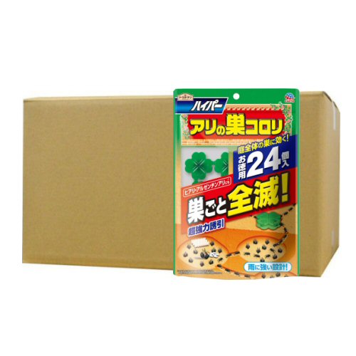 商品名 アースガーデン ハイパーアリの巣コロリ 24個入×30個セット 内容量 1.0g×24個×30個セット 生産国 日本 有効成分 フィプロニル 効果持続期間 約1ヵ月（天候や温度条件によって異なります。） 販売元 アース製薬株式会社 ●商品特長 アリの生態を徹底研究！ よく食べ、よく効く！ ヒアリなどのいろいろなアリに 容器・餌の5つの特長 ◆アリが全方向から侵入できる容器形状 ◆耐水仕様で屋外にも置きやすい ◆植物まわりで使用しても目立ちにくい緑色クローバー型 ◆アリが食いつきやすいギザギザ形状の毒餌 ◆いろいろなアリが好むこだわりの強力誘引剤 巣ごと全滅するメカニズム 1. こだわりの誘引剤で強力誘引。見つけたアリが仲間を呼んでたくさん食いつく。 2. どんどん巣の中へ持ち帰り巣の中のアリたちに分け与える。 3. 女王アリ、働きアリ、幼虫などにも効きめが広がり巣ごと全滅 効果約1ヵ月持続 （天候や温度条件によって異なります） 【対象害虫】 クロアリ、アカアリ、アルゼンチンアリ、ヒアリ、アカカミアリ ●使用方法 1個ずつ切り離し、アリのいるところや巣の近くに置いてください。 ※ヒアリ、アルゼンチンアリなどの外来アリは、大きなコロニーを形成した場合、巣の防除が困難になります。最寄りの地方環境事務所や自治体にご連絡ください。 【使用場所】 庭、駐車場、家まわり、植木鉢、プランターまわり、芝生、花壇、畑まわり、玄関、ベランダ、床下、台所 たくさん置くことで遭遇率が高まり効果的です。 ●使用上の注意 ◆使用前に必ず製品表示を読み、十分理解した上で使用してください。 ◆戸外では雨の日をさけ、また直射日光のなるべくあたらないところで使用してください。 ◆開封後はすみやかに使用してください。 ◆子供やペットが薬剤を口にしないよう十分に注意してください。 ◆万一誤って食べた場合は、すぐ吐き出させ、本品がフィプロニルを含有する商品であることを医師に告げ、診療を受けてください。 ◆アリの種類や生理状態によっては誘引されにくい場合もあるので、時間を変え、場所を変えて置き直してください。 ◆使用済みの容器は、子供などが触れないようにするとともに、他に転用しないでプラスチックごみとして廃棄してください。 ◆直射日光をさけ、食品や飼料と区別し、子供の手の届かない所に保管してください。 ◆シロアリや羽アリは誘引されません。（これらの防除にはシロアリの巣撃滅、シロアリ・羽アリ撃滅をご使用ください。） ※パッケージは予告なく変更されることがあります。 関連商品アースガーデン ハイパーアリの巣コロリ 24個入×3個セット アース製...アースガーデン ハイパーアリの巣コロリ 24個入 アース製薬...住友化学園芸 家庭園芸用サンケイダイアジノン粒剤3 土の中に潜む害虫退...2,261円778円20,460円住友化学園芸 ネキリベイト 600g×30個 殺虫剤 【農薬】...ブロフレアSC 250ml×3本 ブロフラニリド 農薬 殺虫 効果 チ...住友化学園芸 スミソン乳剤 スミチオンとマラソンの混合剤 300ml×...18,533円18,975円17,666円住友化学園芸 家庭園芸用GFオルトラン粒剤 1kg×12個 殺虫剤...住友化学園芸 家庭園芸用GFオルトラン水和剤 ［5g×8袋］×10個 ...住友化学園芸 アリアトールエアゾール 480ml×24本 不快害虫殺虫...15,972円13,365円17,984円