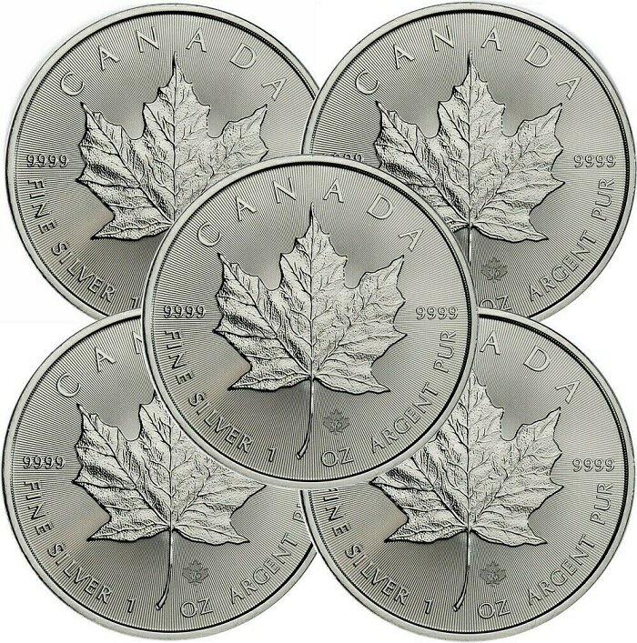 メイプルリーフ 銀貨 2021年 カナダ 1オンス 5枚 セット 38mm メイプル銀貨 純銀 インゴット 38mmクリアケース付き 新品未使用