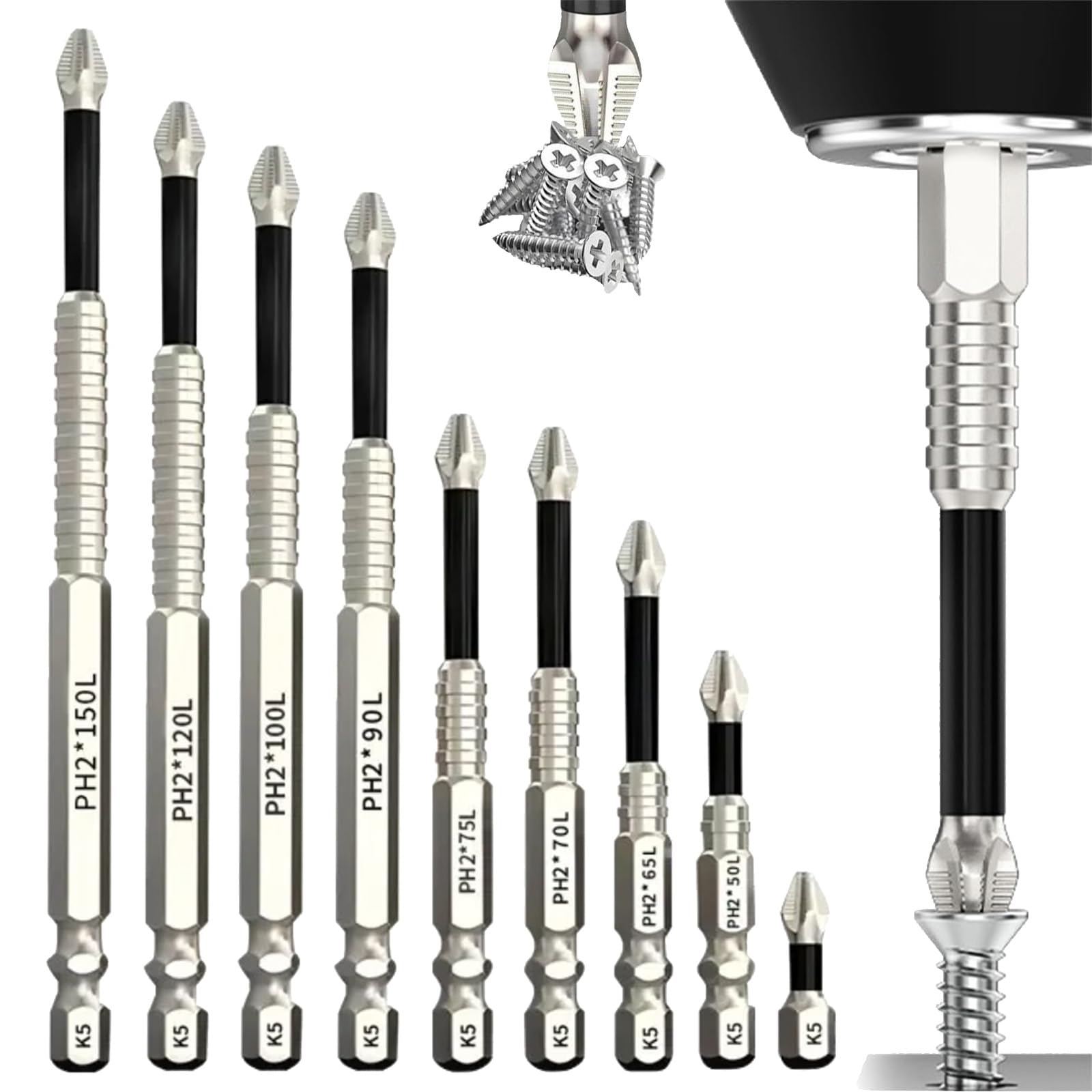 9PCS強力磁気吸着滑り止め耐衝撃ビットセット 多サイズ ドライバーK5ビットセット プラス用 電動ドライバー対応 磁性 高硬度 DIYツール (9点セット)