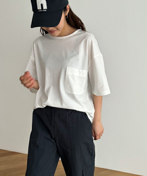 harmonie -OrganicCotton-(アルモニ オーガニックコットン)ポケット付きTシャツキャナルジーン CANALJEAN レディース トップス Tシャツ 天竺 ポケット 無地 バックネック カジュアル シンプル