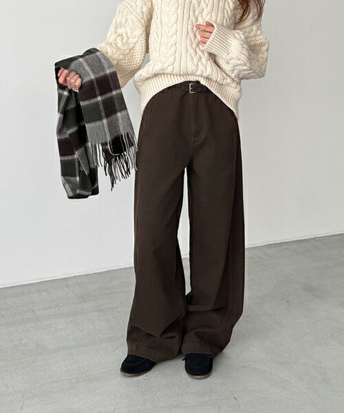 【送料無料】El marベルト付き起毛コットンパンツキャナルジーン CANALJEAN El mar エルマール レディース ボトムス パンツ 無地 フルレングス ベルト付き 起毛 ワイド シーム シンプル カジュアル おしゃれ