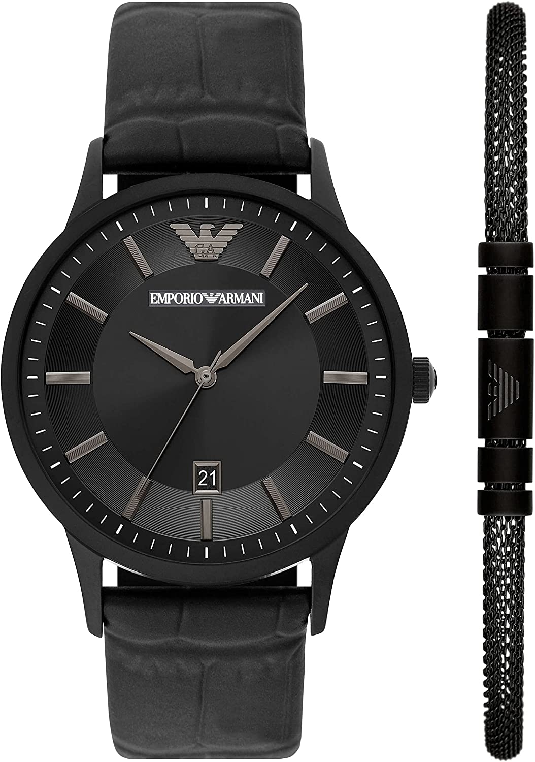 エンポリオアルマーニ 腕時計 メンズ ブラック シンプル クオーツ レザー カレンダー ブレスレット付き EMPORIO ARMANI AR80057 並行輸入品