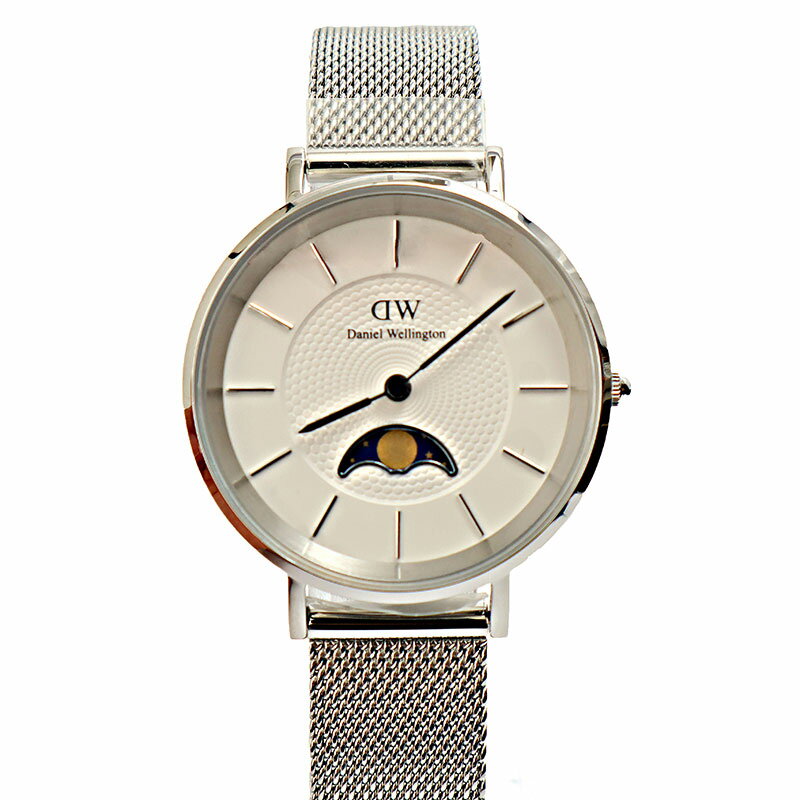 ダニエルウェリントン 腕時計 レディース Petite Lune Sterling ホワイト シルバー DW00100772 Daniel Wellington プチルーンスターリング アナログ クオーツ 3気圧防水 ムーンフェーズ シルバーメッシュストラップ ステンレススチール ＝＝＝［ ブランド説明 ］＝＝＝＝＝＝＝＝＝＝＝＝＝＝＝＝＝Daniel Wellington（ダニエル・ウェリントン）は、フィリップ・タイサンダー氏によって2011年にスウェーデンで設立。シンプルでいて、どこか洗練されたデザインは、カジュアルなスタイルからスーツスタイルまで、シチュエーションを選ばず使用することができる人気のブランドです。＝＝＝［ 商品特徴 ］＝＝＝＝＝＝＝＝＝＝＝＝＝＝＝＝＝＝＝いつだって、月の満ち欠けと共に。Petite Luneの特徴は、ムーンフェーズ（月相）サブダイアル。新月から満月、そして再び新月へ—現在の月の状態を常に確認できます。シルバーのメッシュストラップは付け替えが可能。太陽の下でも月の下でも、シーンに合わせたコーディネートをお楽しみいただけます。自分へのご褒美はもちろん、大切な方へのプレゼントにもおすす＝＝＝［ 商品詳細 ］＝＝＝＝＝＝＝＝＝＝＝＝＝＝＝＝＝＝＝型番：DW00100772、サイズ：縦32mm×横32mm×厚さ6mm/ストラップ幅14mm、モニター発色により色合いが異なる場合がございます。本商品は並行輸入品のため、説明書等は英語表記のものが付属しております。本商品は大変好評のため、売れ違いになる可能性がございます。あらかじめご了承ください。※商品の入荷時期によっては掲載しています写真と仕様が異なる可能性がございます。 2